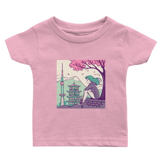"Peaceful Anime Vibes: Girl Relaxing with Sakura Baby T Shirts
