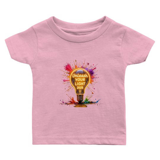 A large starburst glowing in neon light with 2025 Baby T Shirts