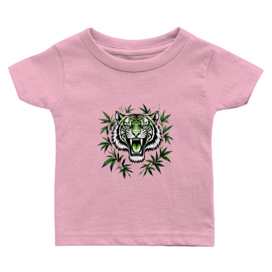Fierce Green Tiger with Bamboo Branches Baby T Shirts