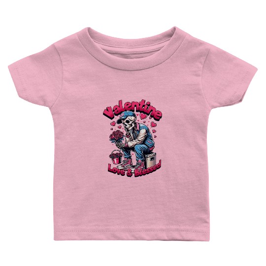 Valentine Skeleton Love & Blessed Streetwear Desig Baby T Shirts