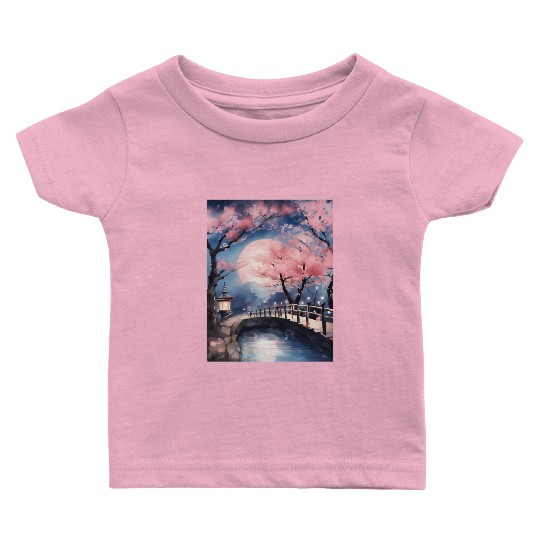 Watercolor cherry blossom festival full moon Baby T Shirts