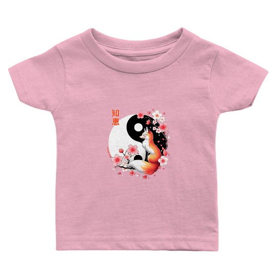 fox kitsune with cherry blossom in retro aesthetic Baby T Shirts