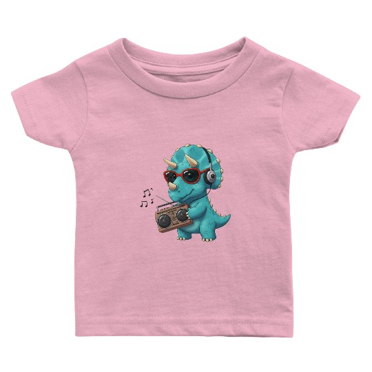 Dino cartoon triceratops listening to music Baby T Shirts