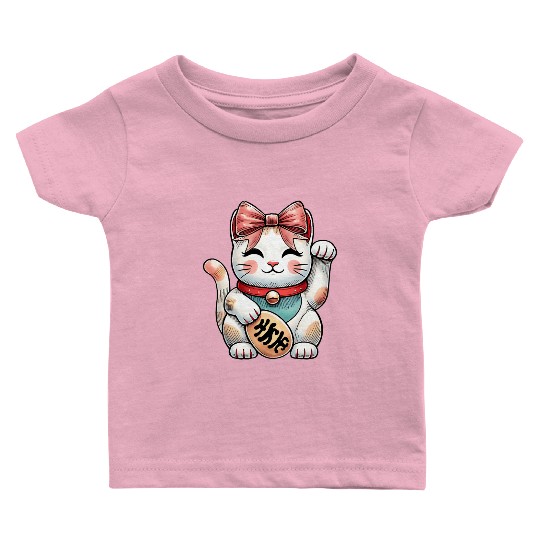 Coquette Bow Maneki Neko Japanese Cat Lucky Pink Baby T Shirts
