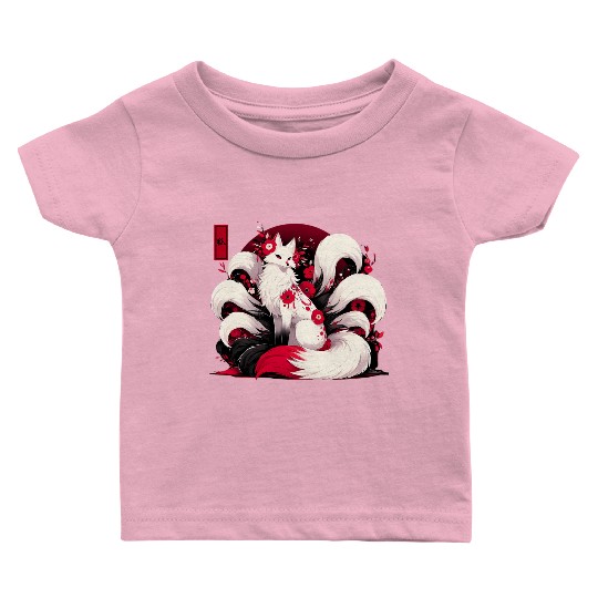 Kitsune Fox Red spider lily Flowers Japanese Nine Baby T Shirts
