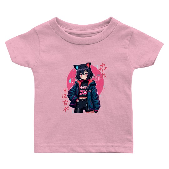 Cyberpunk Anime Girl with Cat Ears Neon Aesthetic Baby T Shirts