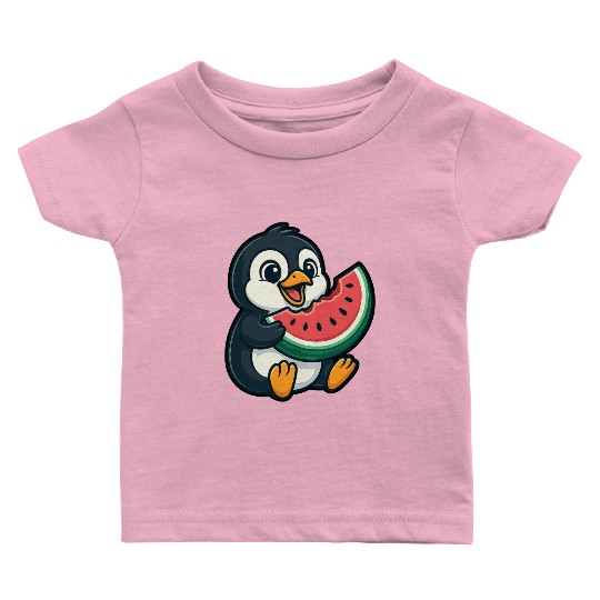 Penguin with Watermelon Summer Fruit Baby T Shirts