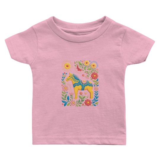 Sunny Summer Dala Horse with Flowers Baby T Shirts