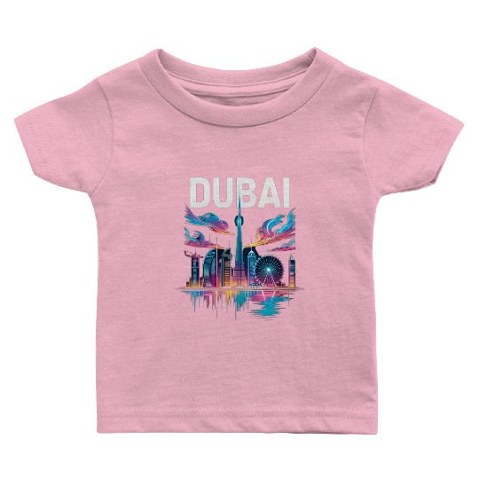 Dubai Skyline Neon Art Baby T Shirts