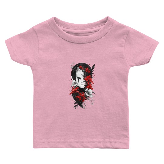 Japanese Mask and Flowers – Dark Anime Aesthetic Baby T Shirts