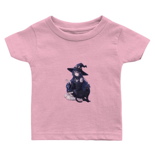 Dark Fantasy Anime Girl & Gothic Black Cat Art Baby T Shirts