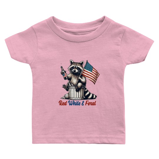 Red White and Feral Raccoon 4th July Baby T Shirts