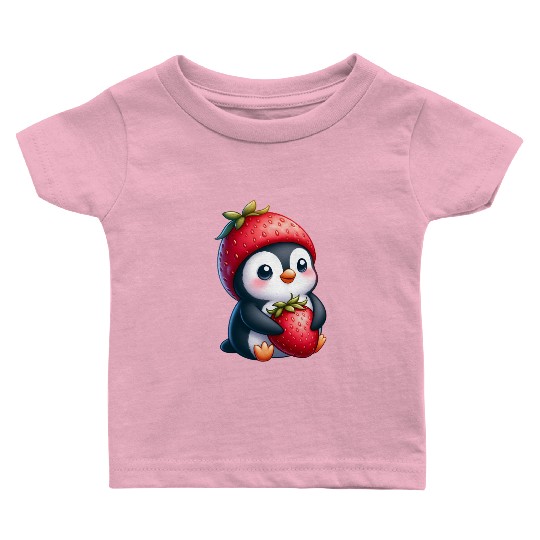 Cute penguin with strawberry cartoon summer fun Baby T Shirts