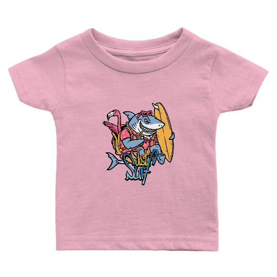 Just Surf – Cool Shark with Surfboard & Flamingo Baby T Shirts
