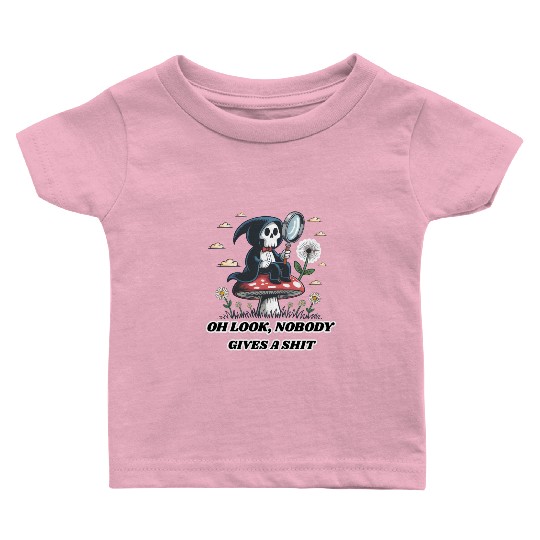 Nobody Gives a Shit Funny Skeleton on Mushroom Baby T Shirts
