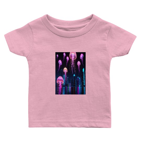 Neon Jellyfish Over Cyber City Baby T Shirts