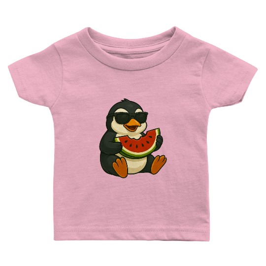 Cute penguin with watermelon fruit summer cartoon Baby T Shirts