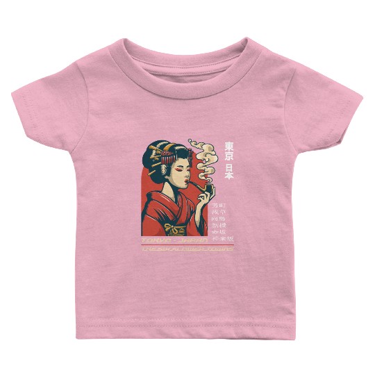 Japan Tokyo Geisha Pipe Six Flower Towns Souvenir Baby T Shirts