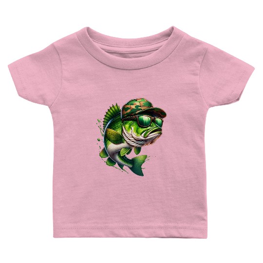 Camo Hat Bass Fish with Green Sunglasses Baby T Shirts