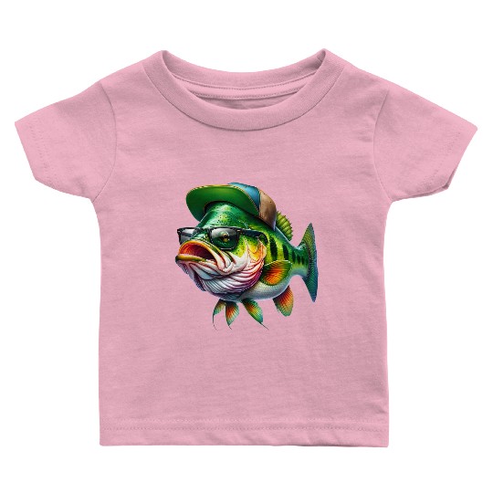 Cool Bass Fish with Green Hat and Glasses Baby T Shirts