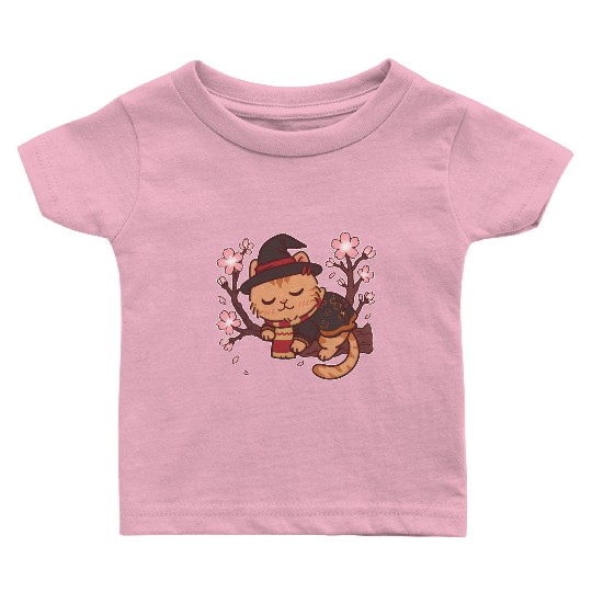 Cute Witch Cat with Cherry Blossoms Baby T Shirts