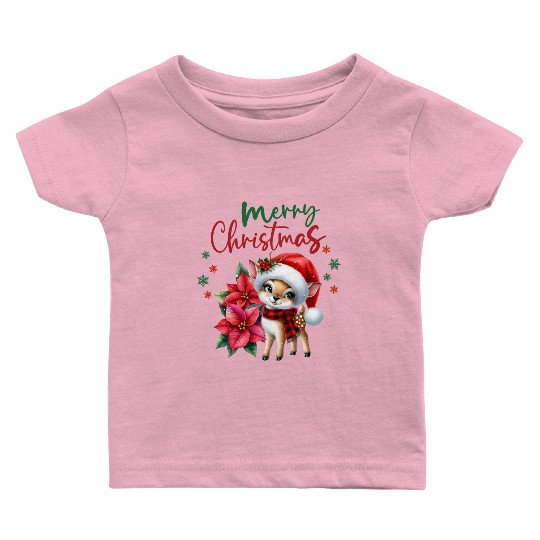 Festive Christmas Puppy with Poinsettia Baby T Shirts