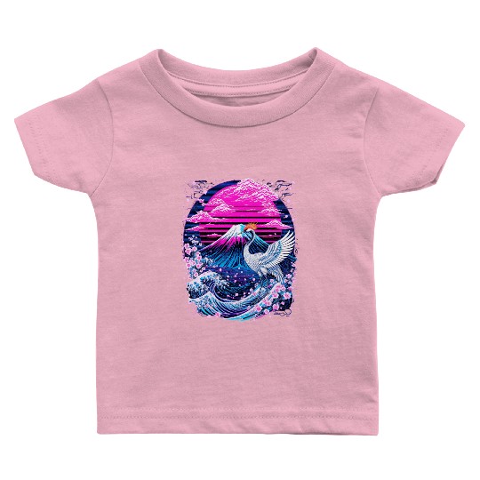Neon Sakura Crane & Mount Fuji Scene Baby T Shirts