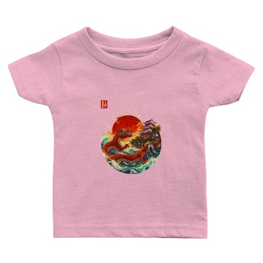 Japanese Dragon and Pagoda Sunset Art Baby T Shirts
