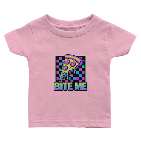 Bite Me – Y2K Glitch Pizza Neon Baby T Shirts