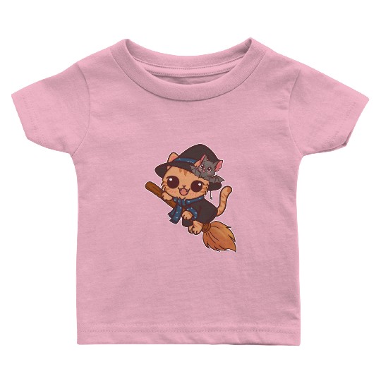 Enchanted Cat Witch with Bat Familiar Baby T Shirts