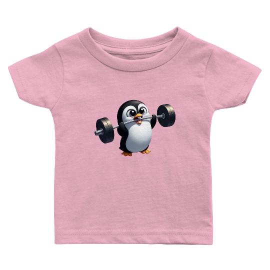Cute penguin weightlifter fitness gym cartoon Baby T Shirts