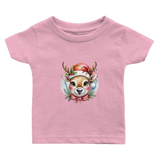 Cute Rudolph Reindeer Watercolor Christmas Art Baby T Shirts