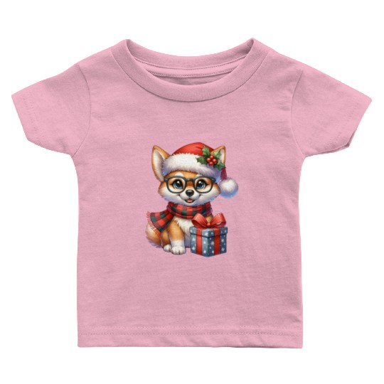 Festive Holiday Pug with Glasses and Gift Baby T Shirts