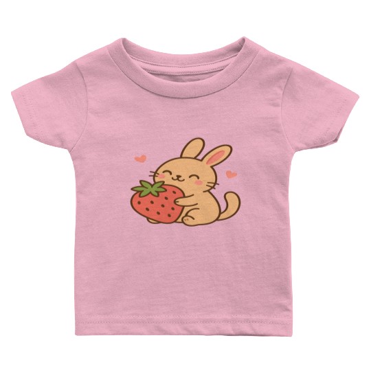 Cute Bunny Embracing Strawberry Design Baby T Shirts