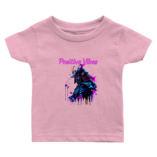 Neon Samurai Skull with Positive Vibes Baby T Shirts