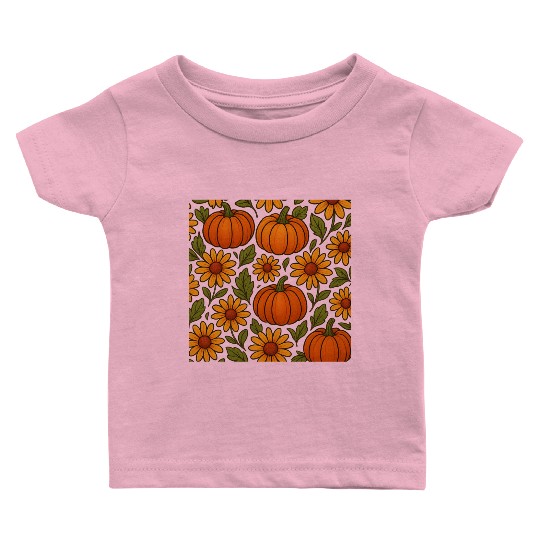 Autumn Pumpkin and Daisy Pattern Baby T Shirts