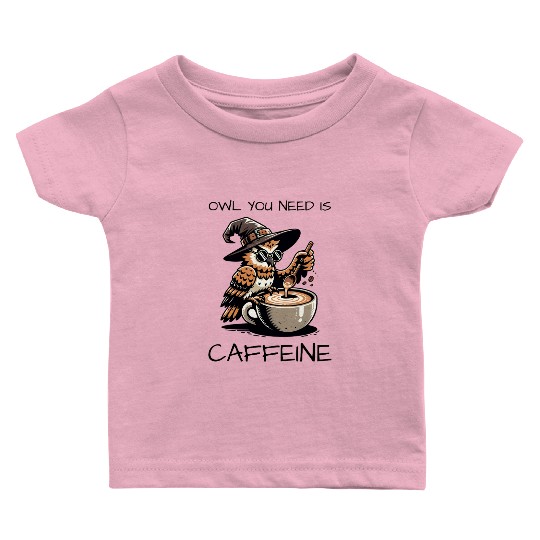 Whimsical Wizard Owl Coffee Design Baby T Shirts