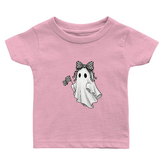 Ghost Boo Checkered Bow Race Day Racing Flag Racer Baby T Shirts
