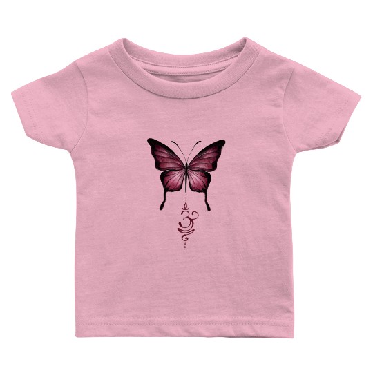 Magenta Red Butterfly & Sanskrit breathe om symbol Baby T Shirts