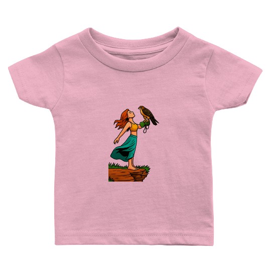Woman with Hawk on Arm in Nature Scene Baby T Shirts