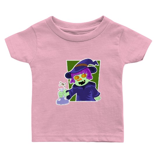 Playful Zombie Witch Cartoon Design Baby T Shirts