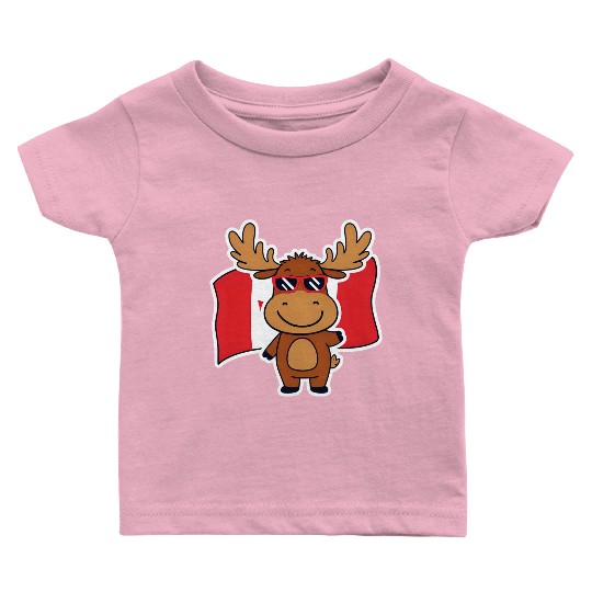 Playful Moose with Canadian Flag Baby T Shirts