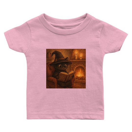 Enchanted Cat Witch by the Fireplace Baby T Shirts
