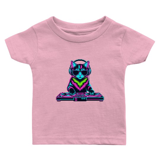 Cool DJ Cat – Neon Beats Vibe with Headphones Baby T Shirts
