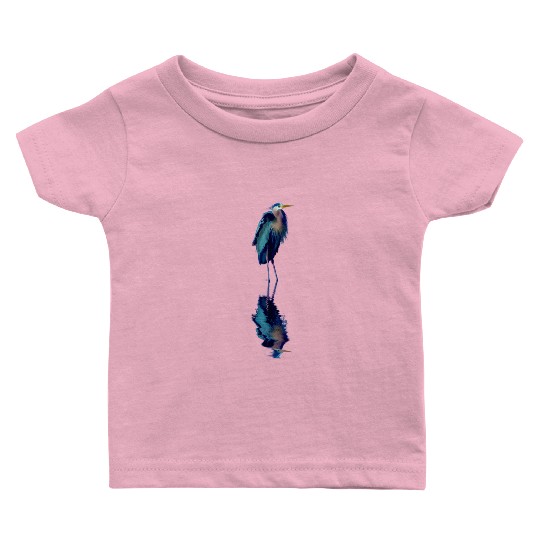 Great Blue Heron Stands Reflected Baby T Shirts