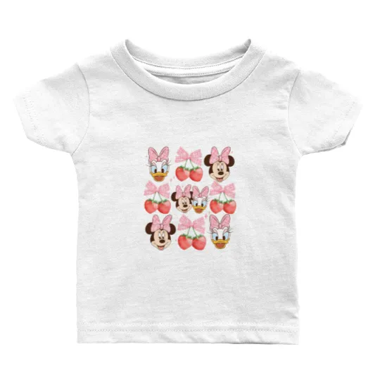 Vintage Minnie And Daisy Pink Bow Baby T Shirts, Disney Coquette Strawberry Baby T Shirts