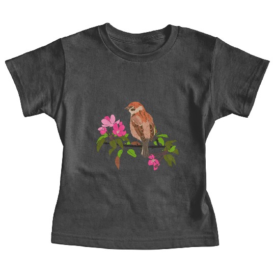 Sparrow on a branch pink flowers of an apple tree Baby Tees