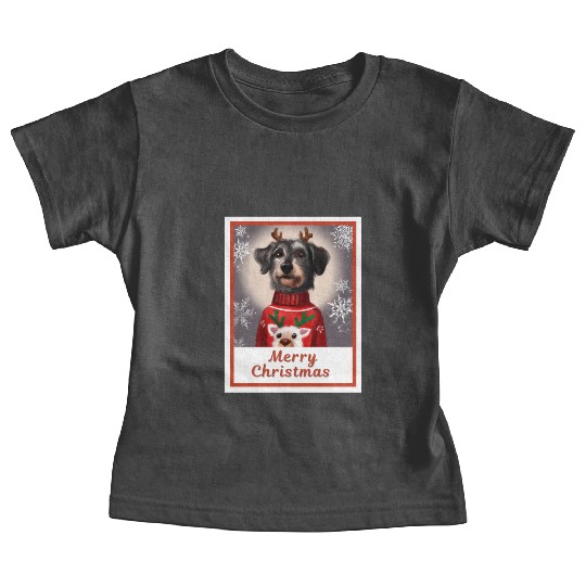 Miniature Black Schnauzer in a Christmas sweater. Baby Tees