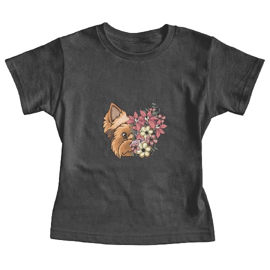 Yorkshire Terrier Dog Yorkie Face Flowers Baby Tees