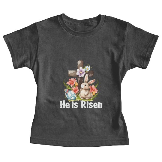 He Is Risen Cute Bunny Christianity Cross Baby Tees